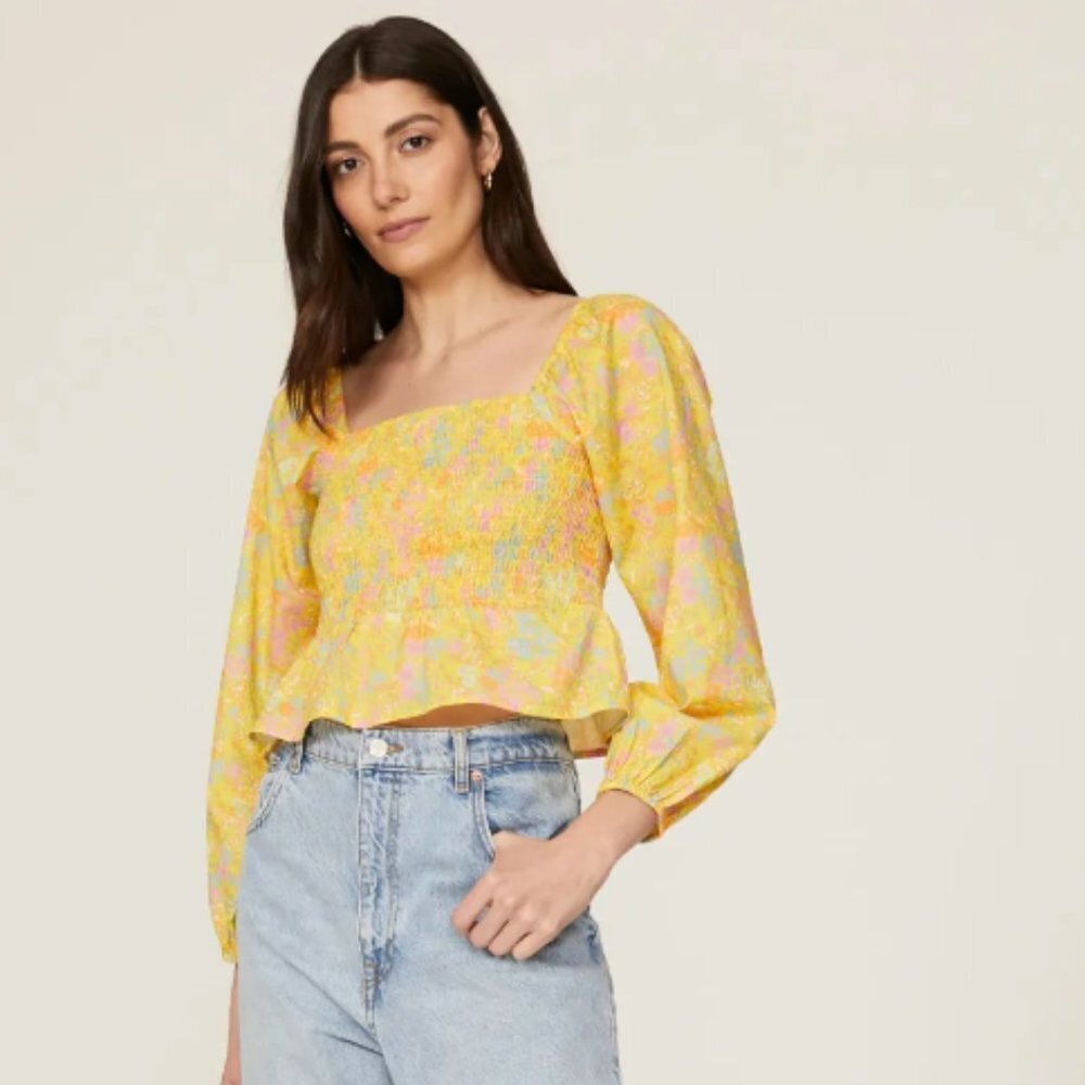 Louna Yellow Floral Smocked Blouse size large